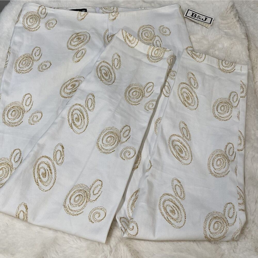 NWT B & J Women's White w Gold Embroidered Whimsical Design‎ Pants Sz 14
